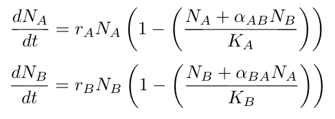 \frac{dN_{A}}{dt} = r_{A}N_{A} \left(1-\left(\frac{N_A+\alpha_{AB}N_{B}}{K_{A}}\right)\right)$$ $$
\frac{dN_{B}}{dt} = r_{B}N_{B} \left(1-\left(\frac{N_B+\alpha_{BA}N_{A}}{K_{B}}\right)\right)